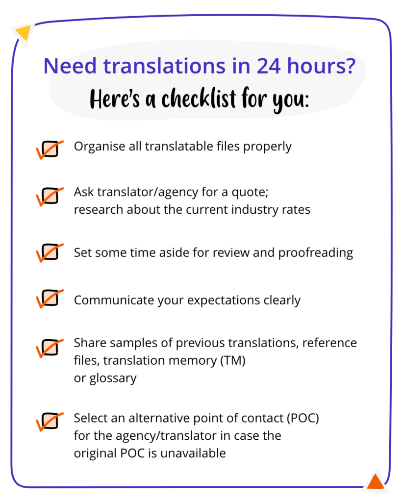 Checklist for 24-hour translations